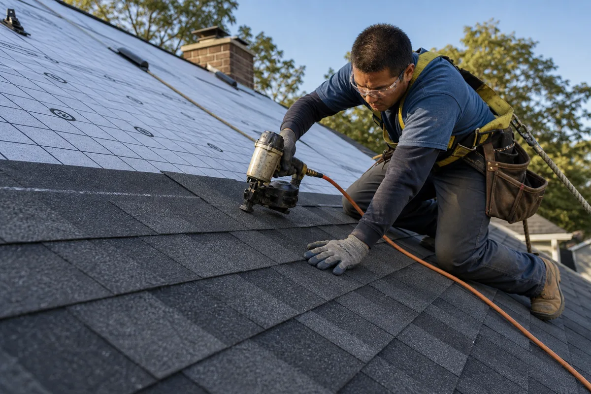 Blue Line crew member installing roofing shingles